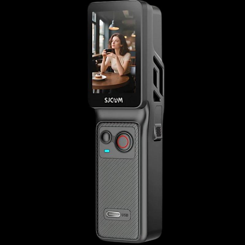 Câmara de ação portátil SJCAM C400 Preto com tela frontal, botão vermelho de gravação, lente grande angular e corpo compacto com acabamento texturizado