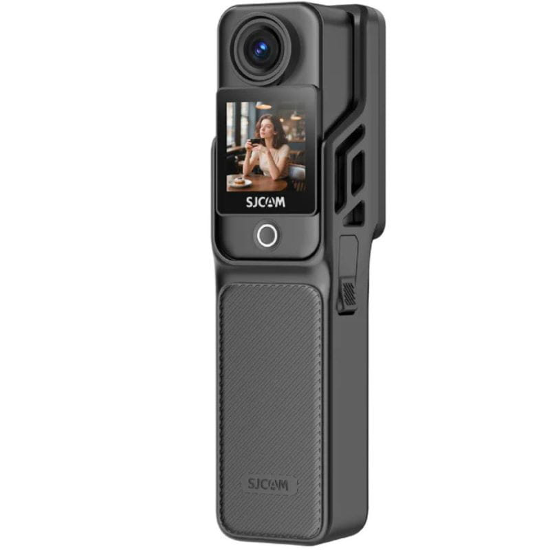 Câmara de ação portátil SJCAM C400 Preto com design vertical, lente grande angular, tela frontal colorida, botão central e corpo compacto antiderrapante