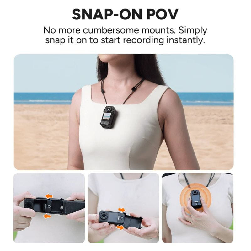 Caméra d action portable SJCAM C400 Noir avec clip magnétique et tour de cou, compacte, écran frontal, objectif grand angle, fixation rapide et mains libres