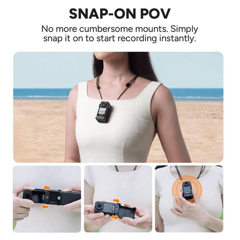Caméra d action portable SJCAM C400 Noir avec clip magnétique et tour de cou, compacte, écran frontal, objectif grand angle, fixation rapide et mains libres
