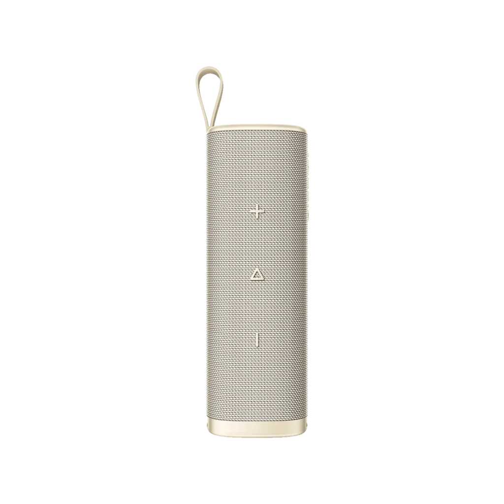Xiaomi Sound Outdoor 30W Oro Altavoz Bluetooth cilíndrico dorado con rejilla metálica, controles frontales + y -, botón triangular y correa superior para