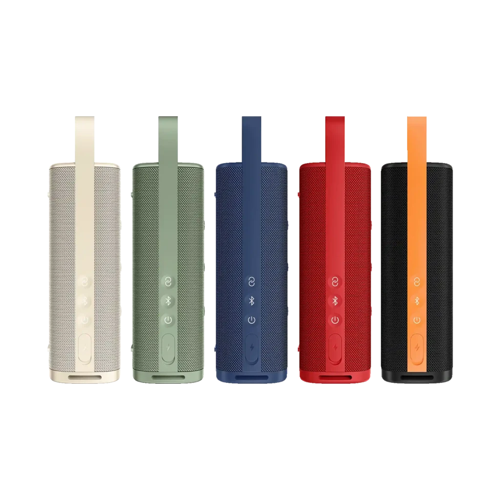 Xiaomi Sound Outdoor 30W Verde – altavoz Bluetooth cilíndrico con rejilla metálica, controles laterales y asa de transporte; diseño robusto y portátil