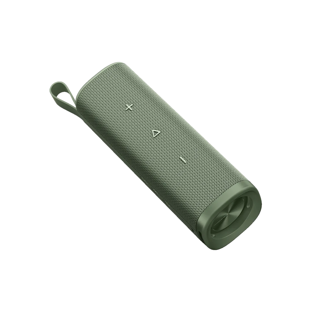 Xiaomi Sound Outdoor 30W Verde, altavoz Bluetooth cilíndrico con malla textil, botones grandes en relieve, correa lateral y radiadores pasivos en extremos