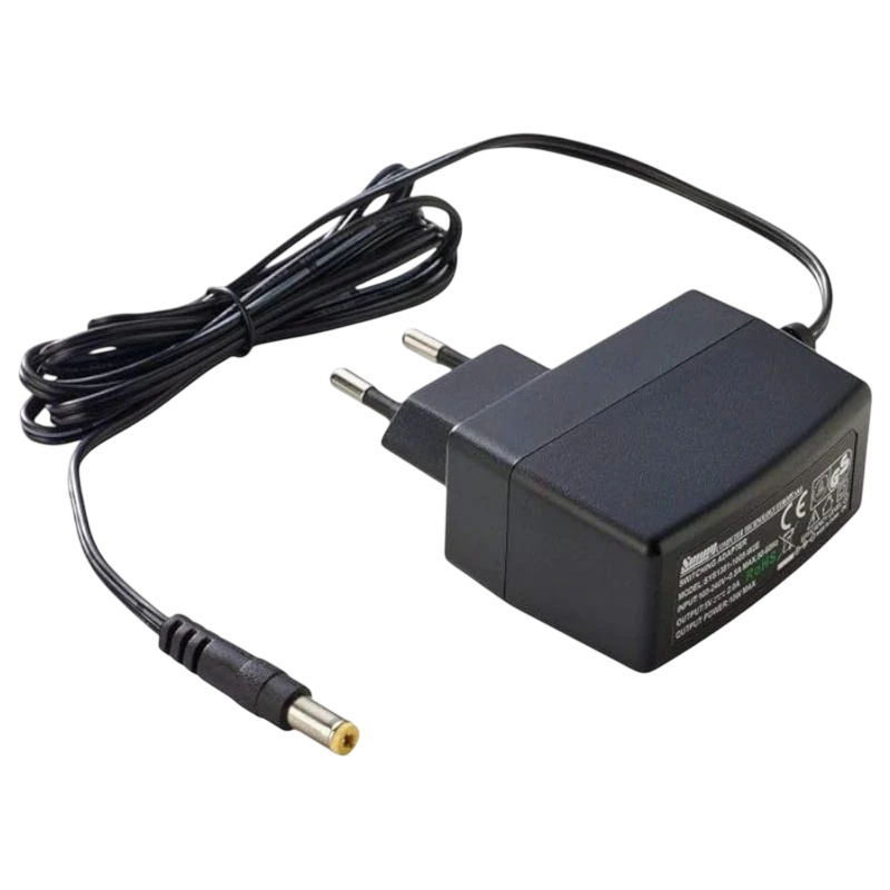 Adaptateur secteur noir 240 V vers 12 V 1 A, bloc compact à deux broches avec câble long et prise DC cylindrique 5,5 mm x 2,1 mm, indicateurs CE visibles