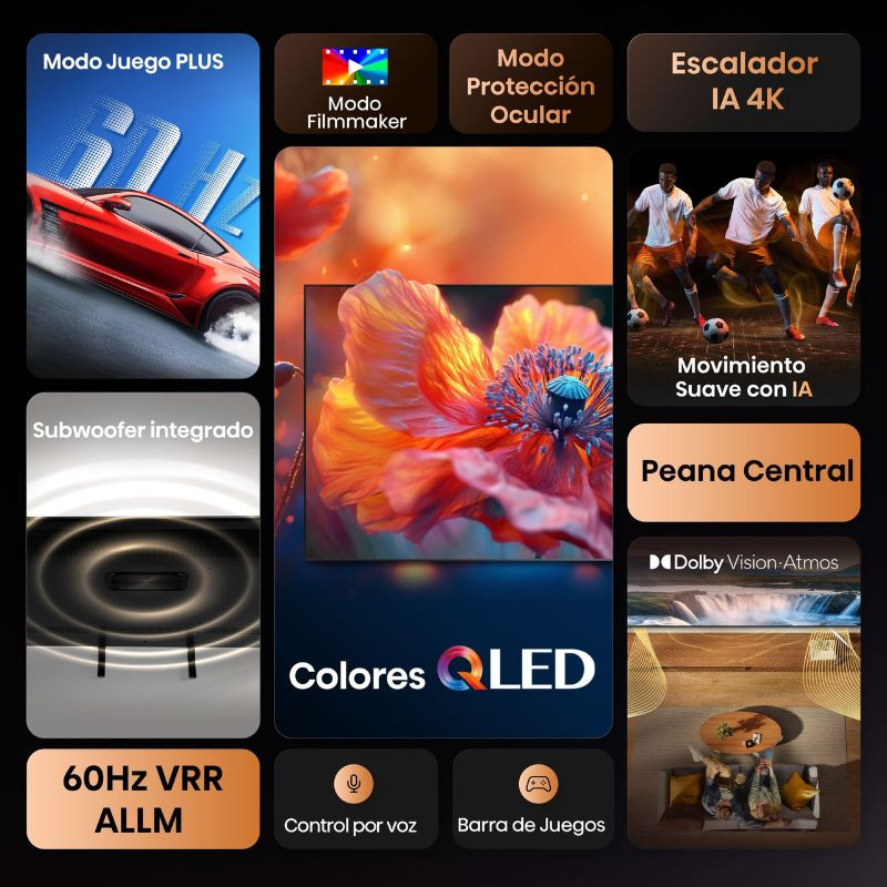 Smart TV Hisense A7Q 50" 4K QLED, cores vibrantes, 60Hz VRR/ALLM, Dolby Vision/Atmos, IA 4K Upscaling, Modo Jogo Plus, Filmmaker, proteção ocular, voz.
