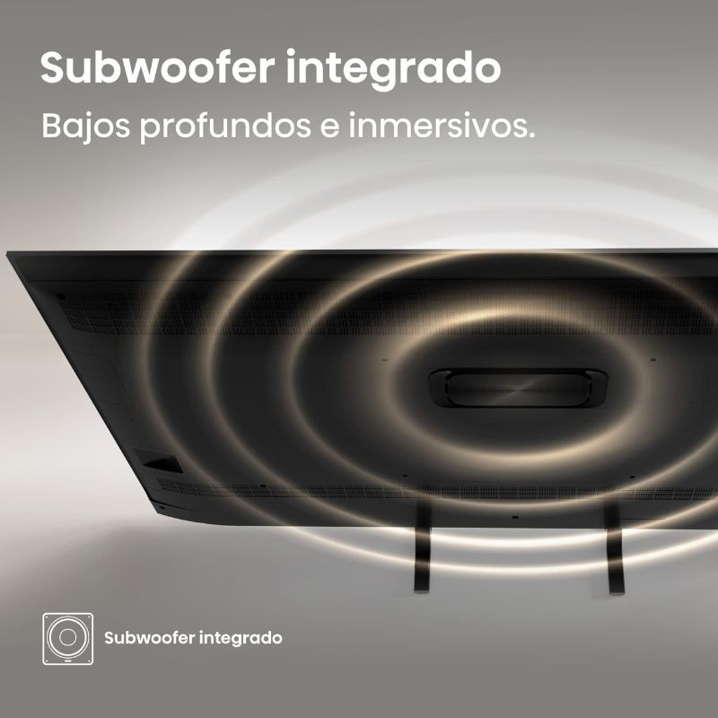 Portas laterais da Hisense A7Q: 2x USB, auscultadores, AV, ranhura CI, 2x HDMI 2.1 (eARC), antena, Ethernet e saída de áudio ótica em preto.