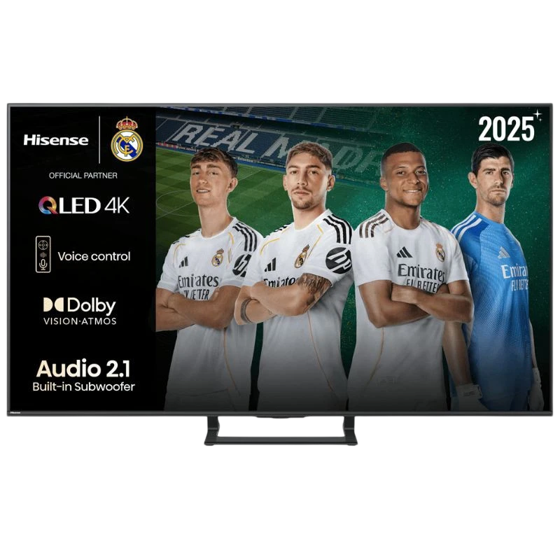 Hisense A7Q 50A7Q 50" 4K QLED preto, Dolby Vision-Atmos, áudio 2.1 com subwoofer, controlo por voz, Wi‑Fi e parceria Real Madrid 2025+