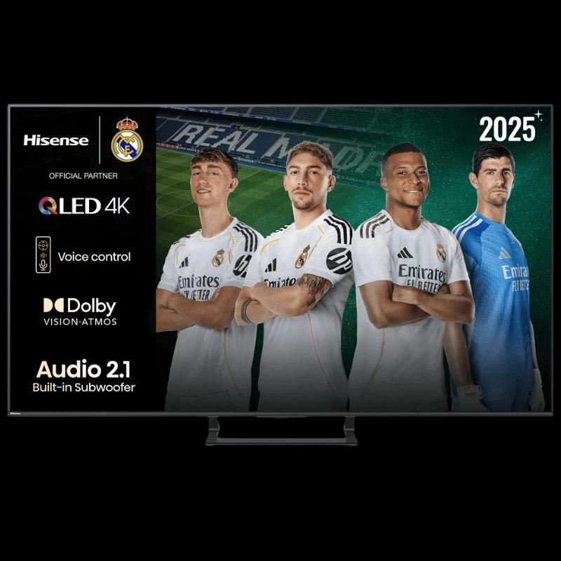Hisense A7Q 50" 4K QLED noir, écran fin sur pied central. Bords étroits, logo Real Madrid, labels Voice Control, Dolby Vision-Atmos, Audio 2.1.