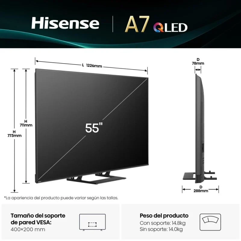 Hisense 55A7Q 55" 4K UHD QLED, tela fina com bordas estreitas, base dupla, montagem VESA 400x200, perfil slim (78 mm), largura 1226 mm, profundidade 288 mm.