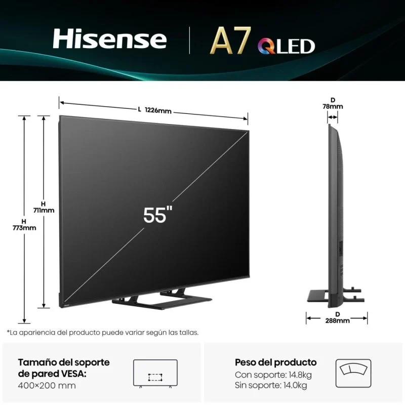 Hisense 55A7Q 55" 4K UHD QLED noir, écran fin à bords minces, double pied, profil ultra‑slim 78 mm, VESA 400x200, design élégant pour salon moderne.