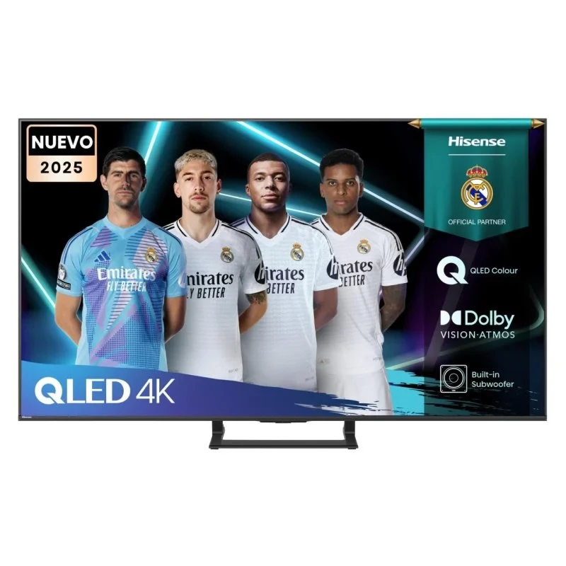 Hisense 55A7Q 55" 4K UHD QLED negro con biseles delgados, peana central, logos QLED Colour y Dolby Vision-Atmos en pantalla, interfaz Smart TV moderna.