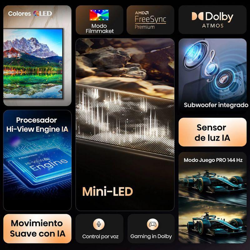 Hisense 65E8Q 65" 4K UHD LED negro con mini‑LED, colores vivos, movimiento suave con IA, FreeSync Premium, Dolby Atmos, subwoofer, sensor de luz y 144 Hz.