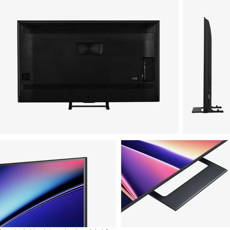 Televisor Hisense 65E8Q 65" 4K UHD, marco delgado negro, pantalla LED brillante, perfil ultrafino, base metálica estilizada y puertos traseros integrados.
