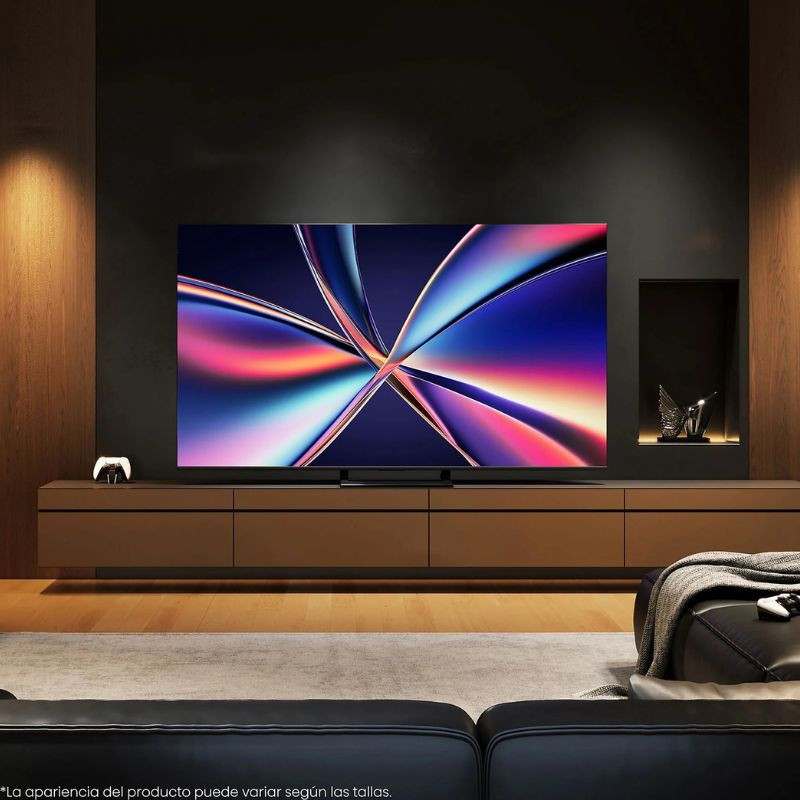 Hisense 65E8Q 65" 4K UHD LED Smart TV Negro con biseles delgados, pantalla vibrante de alto contraste y base central, ideal para sala moderna y minimalista