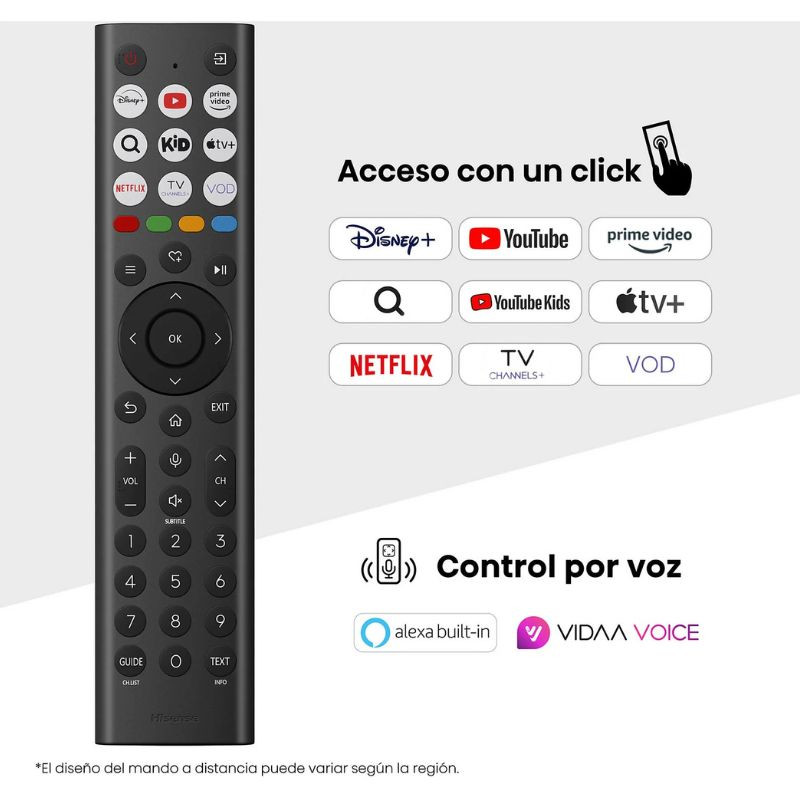 Control remoto Hisense negro con botones de acceso directo a Disney+, YouTube, Prime Video y Netflix, teclas numéricas, volumen, navegación y control por voz