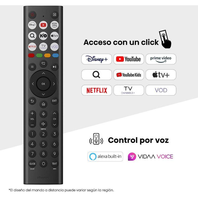 Control remoto Hisense negro con botones de acceso directo a Disney+, YouTube, Prime Video y Netflix, teclas numéricas, volumen, navegación y control por voz