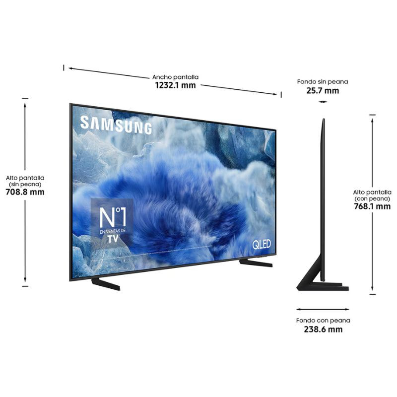Samsung TQ55Q8FAAU 55" 4K Ultra HD QLED Smart TV Negro, medidas en cm de la TV, vista frontal y lateral