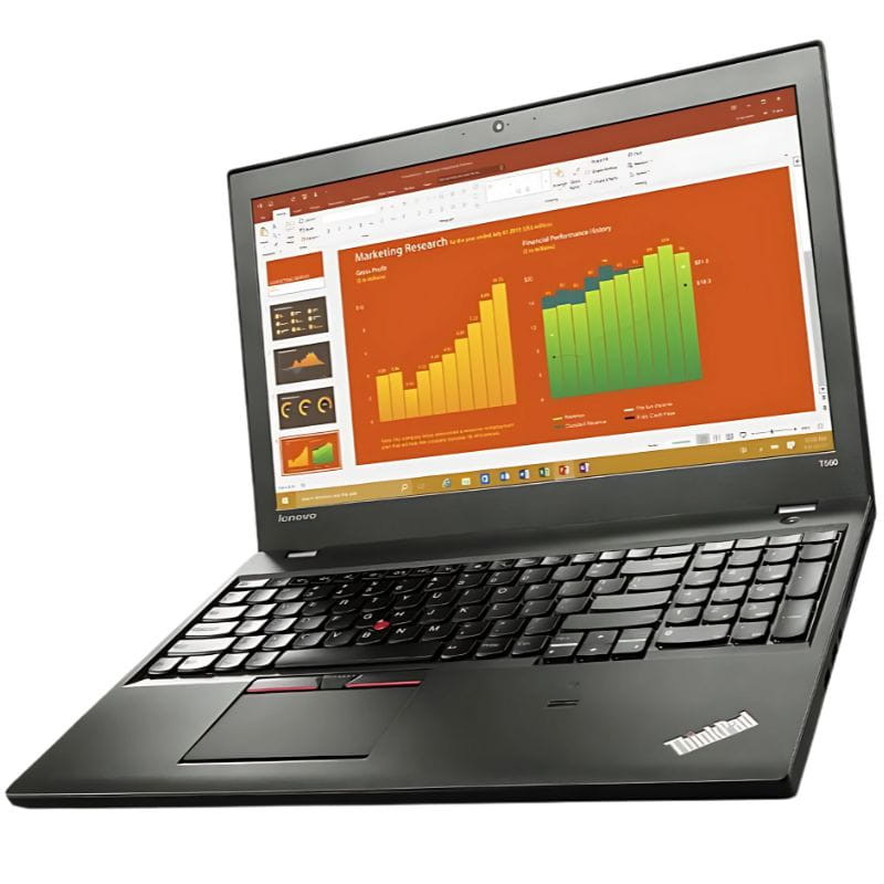Lenovo ThinkPad T560 15,6 con teclado QWERTZ, trackpoint rojo y gran touchpad; chasis negro robusto, pantalla con gráficos y bisagras firmes. Renovado buen
