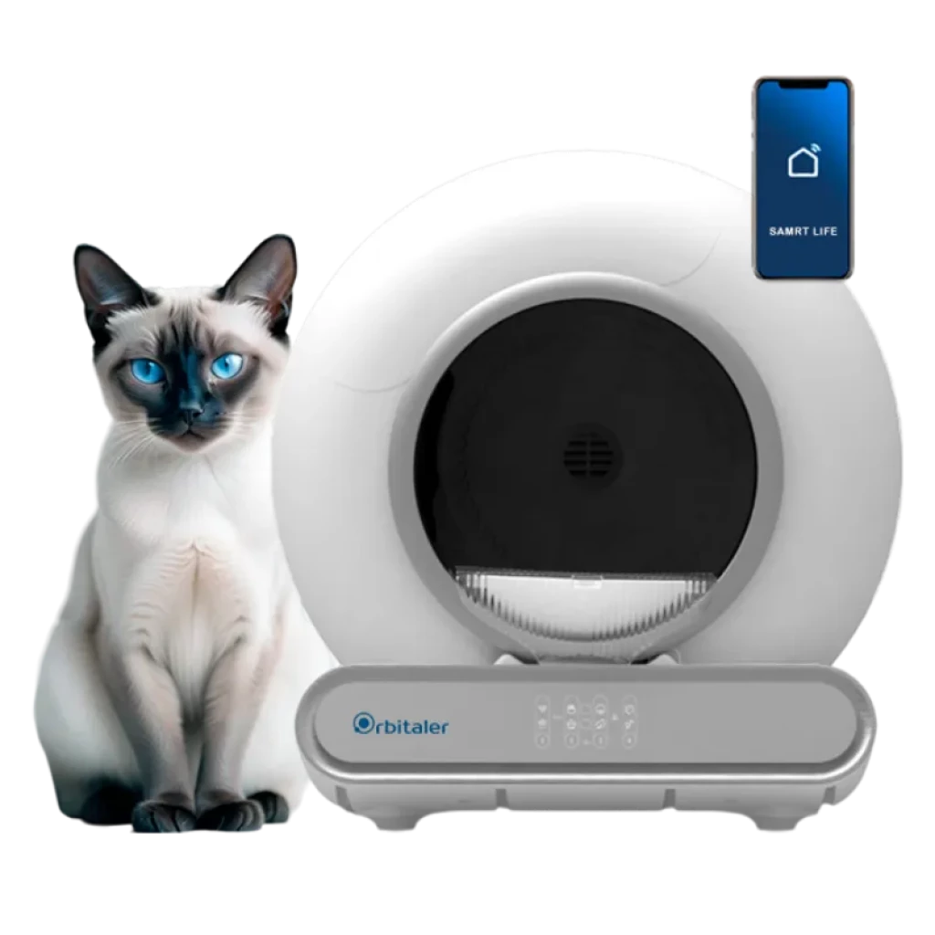 Vista frontal do Orbitaler Yupiter AstroClean 6600 Smart Litter Compact, com imagem de um gato e smartphone com aplicação compatível