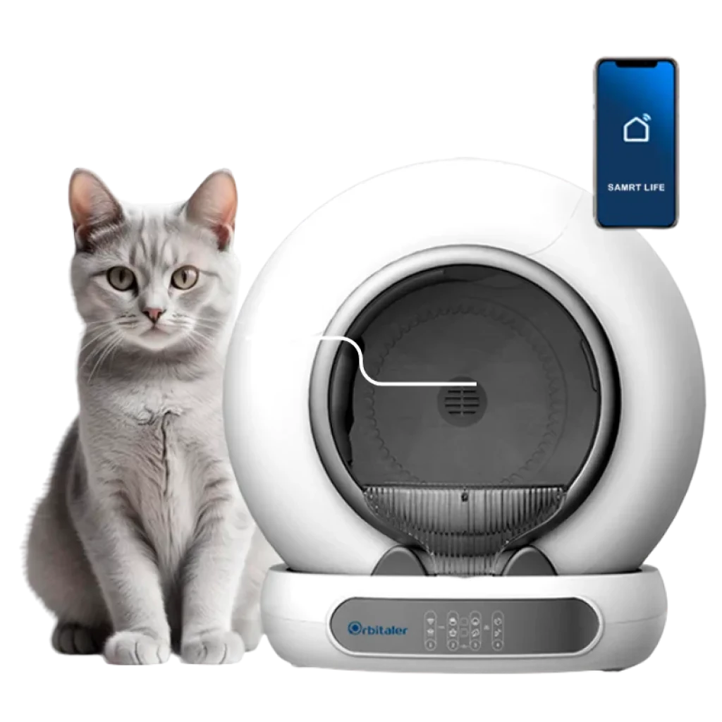 Vista frontal do Orbitaler Yupiter AstroClean 6700 Smart Litter Ultra Compact com gato visto de frente e smartphone com aplicação compatível