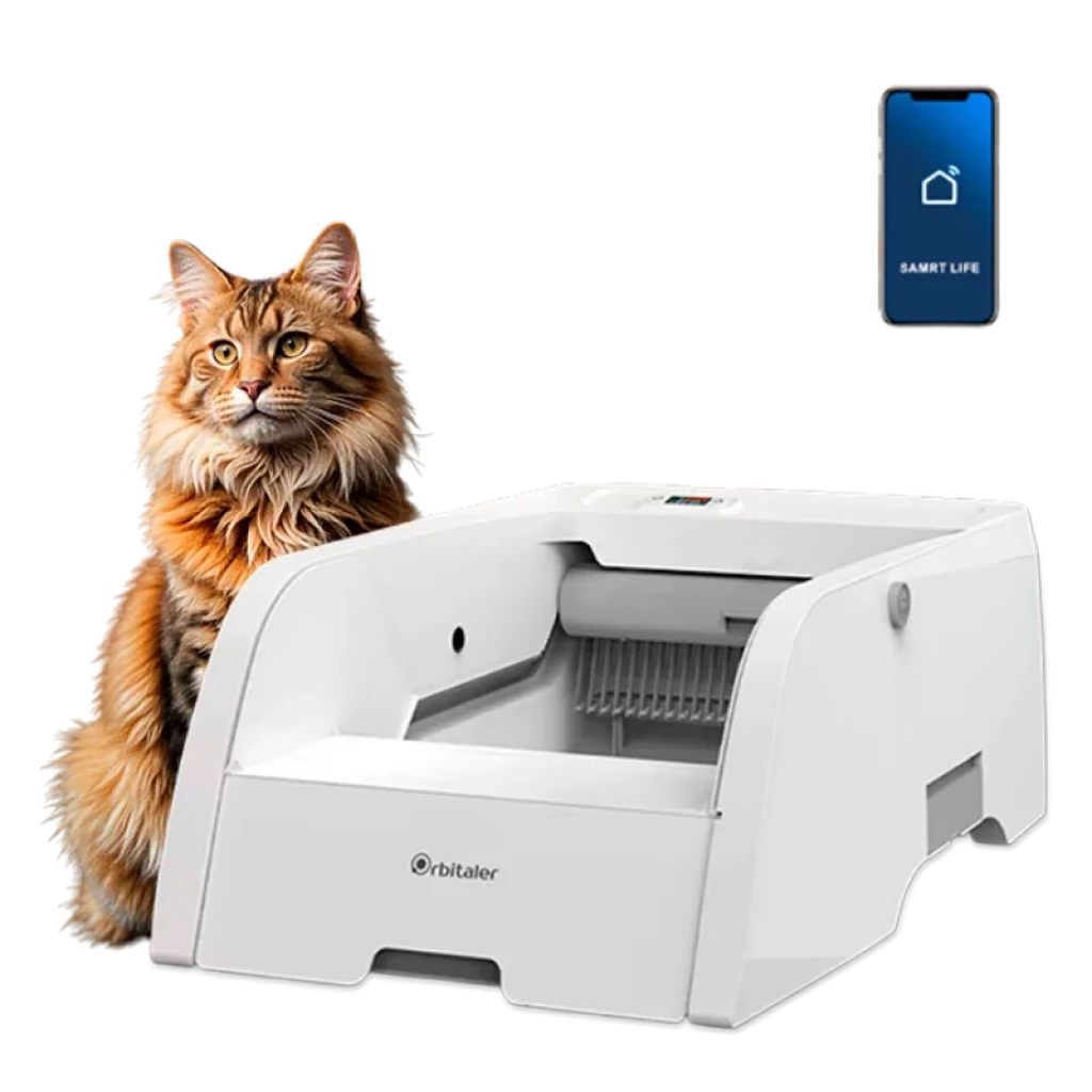 Vista a 45 graus do Orbitaler Yupiter AstroClean 5000 Sand Pool Smart Connected com imagem de gato e smartphone com aplicação compatível