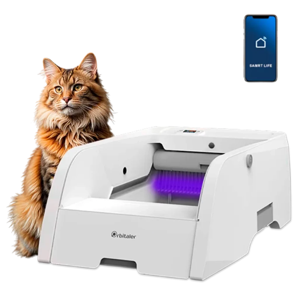 Vista a 45 graus do Orbitaler Yupiter AstroClean 5500 Sand Pool Smart Viewer com imagem de gato e smartphone com aplicação compatível