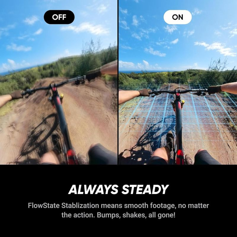 Insta360 X5 Negro Medianoche – Paquete estándar: comparación “OFF/ON” de estabilización FlowState en bici MTB; imagen borrosa vs nítida con