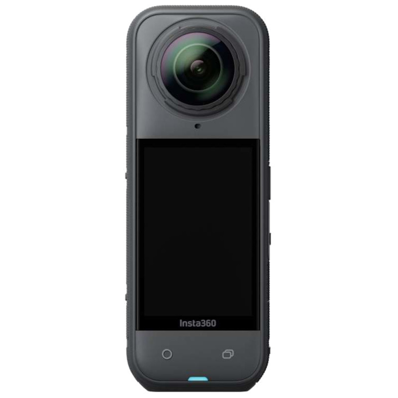 Insta360 X5 Negro Medianoche: cámara 360 compacta con doble lente ojo de pez, pantalla táctil frontal, cuerpo oscuro y botón azul; paquete estándar.