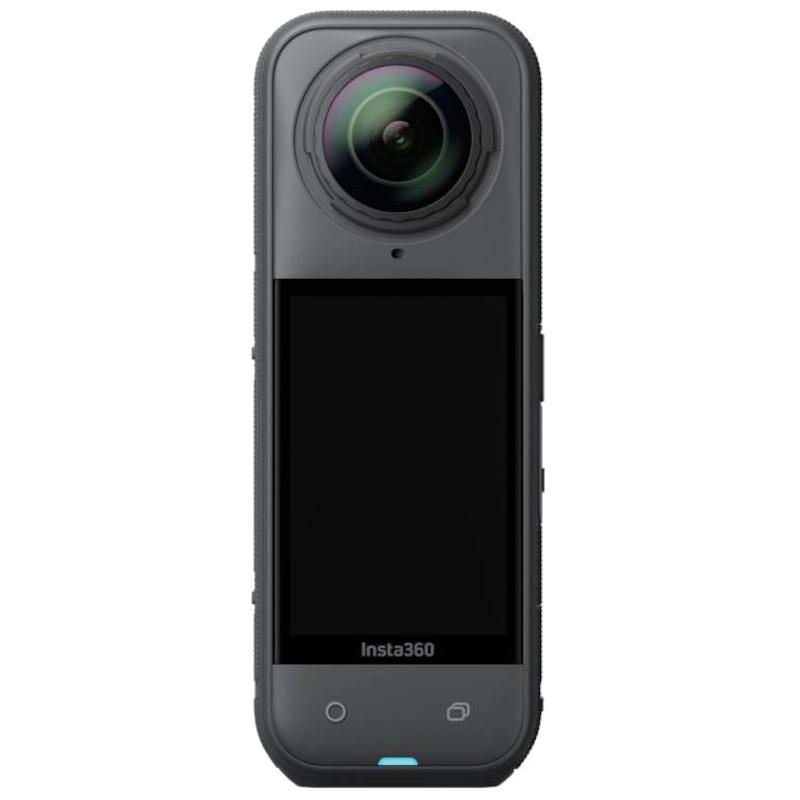 Insta360 X5 Negro Medianoche: cámara 360 compacta con doble lente ojo de pez, pantalla táctil frontal, cuerpo oscuro y botón azul; paquete estándar.