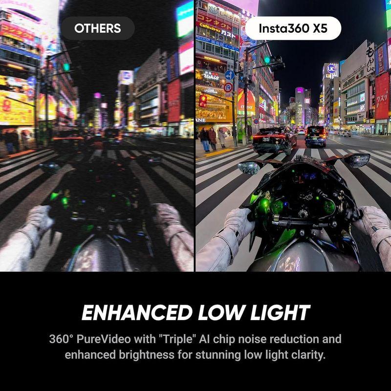 Insta360 X5 Negro Medianoche: comparación de captura nocturna 360°, mayor nitidez y menos ruido gracias a chip de IA; paquete estándar incluido.