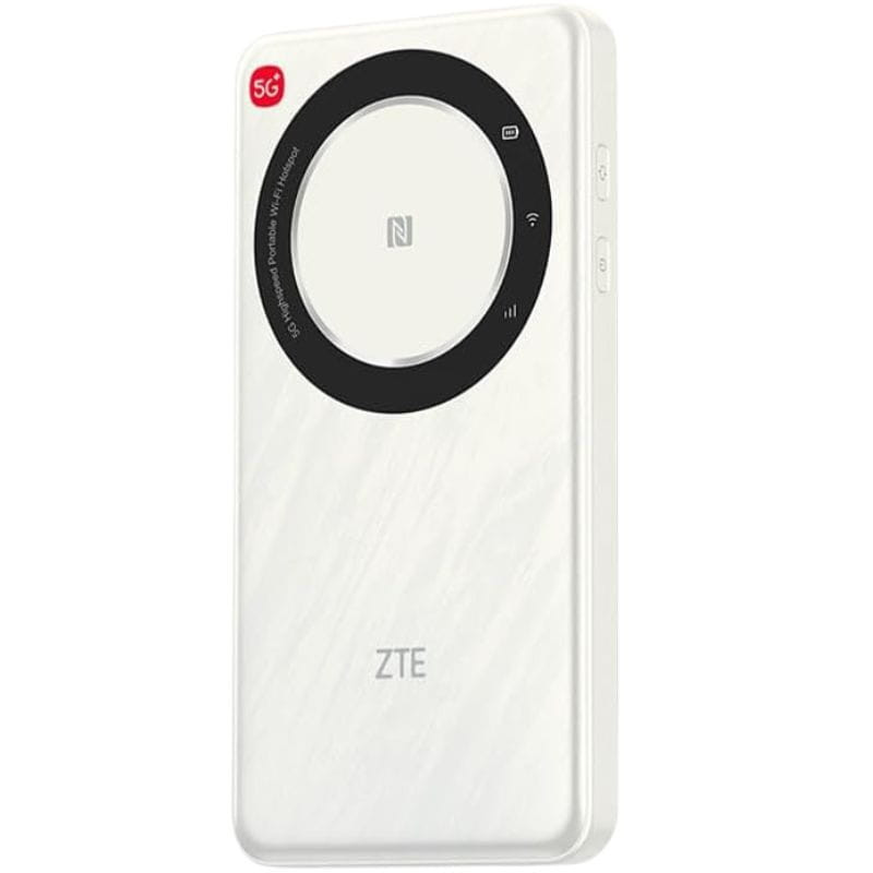 ZTE U30 Air 5G router portátil blanco con NFC, indicador LED y diseño compacto; Wi-Fi de doble banda y botones laterales visibles en el cuerpo mate