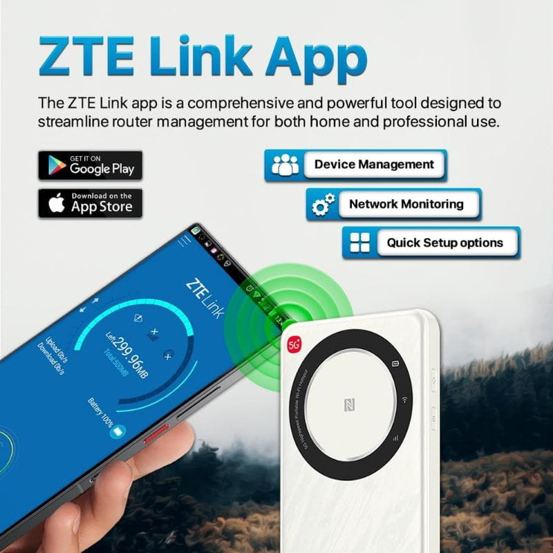 ZTE U30 Air 5G Wi‑Fi doble banda; router blanco con indicador NFC circular, soporte app ZTE Link para gestión, monitoreo y configuración rápida en iOS y