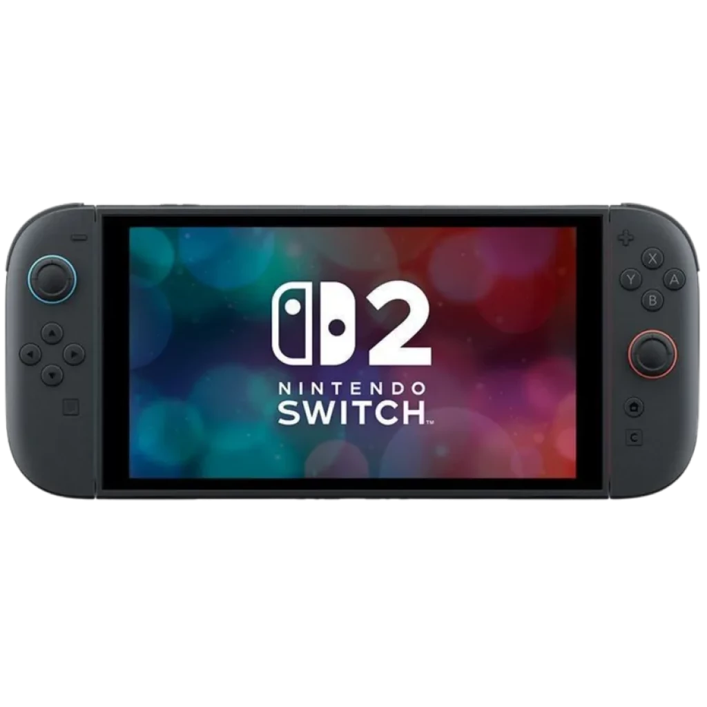 Nintendo Switch 2 portátil en modo horizontal, pantalla amplia con logo D2, carcasa negra mate, sticks analógicos, cruceta y botones A B X Y destacados