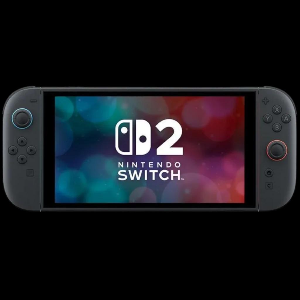 Nintendo Switch 2 portátil en modo horizontal, pantalla amplia con logo D2, carcasa negra mate, sticks analógicos, cruceta y botones A B X Y destacados