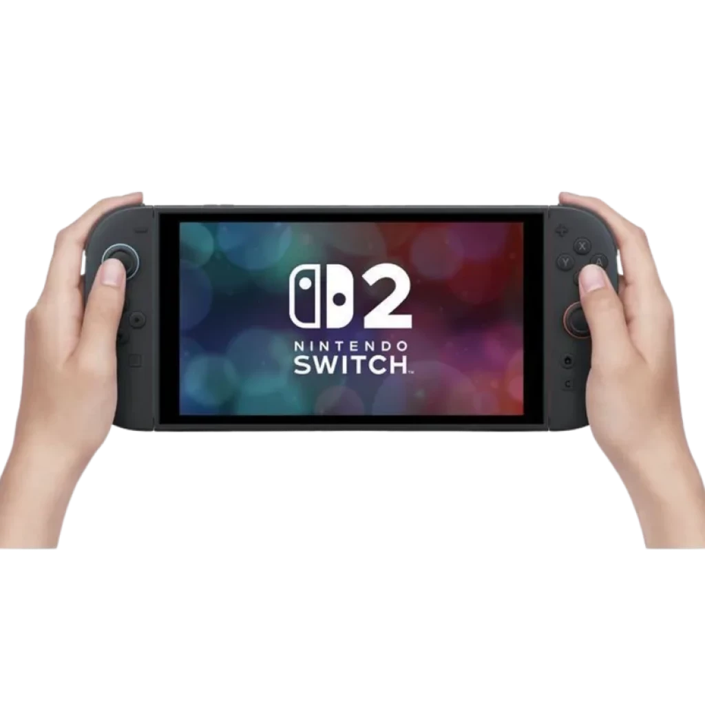 Consola portátil Nintendo Switch 2 negra con pantalla amplia, marcos delgados y controles laterales; ideal para Mario Kart World y Street Fighter 6