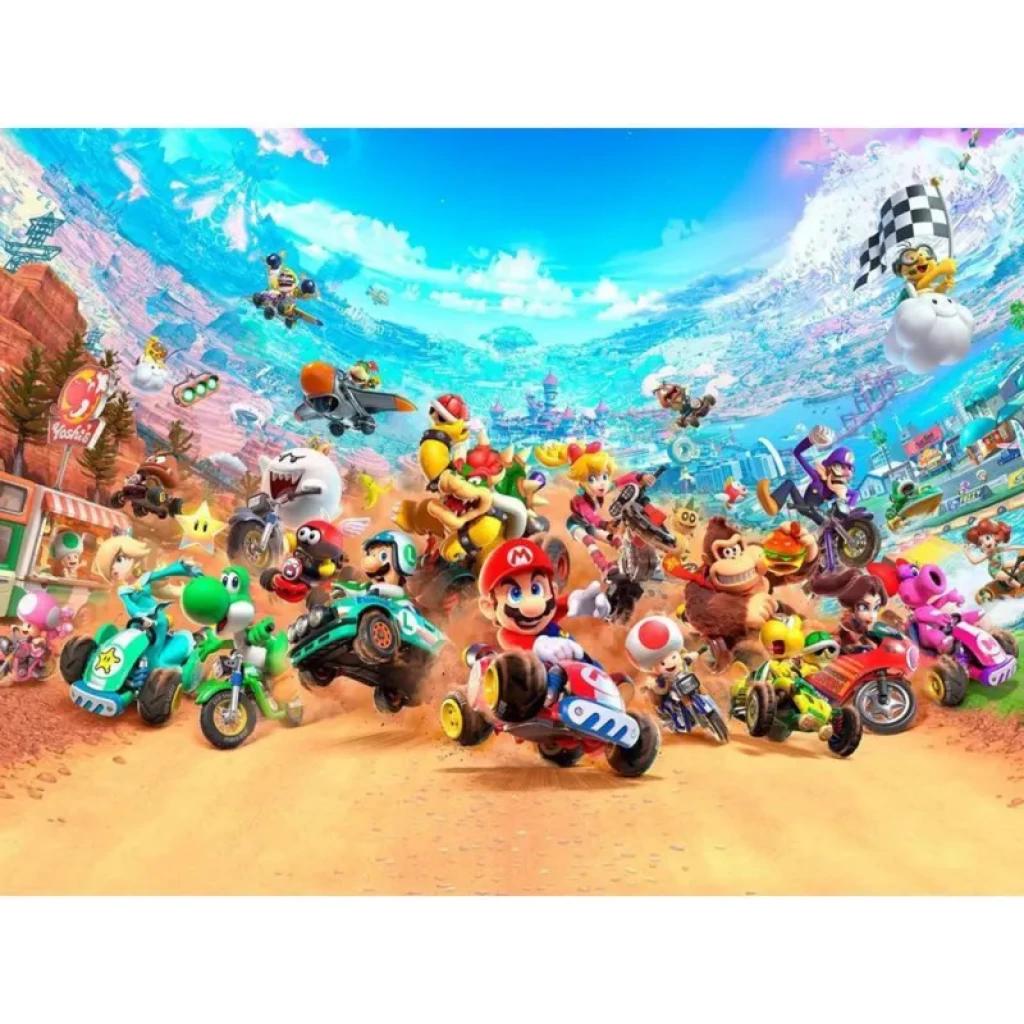 Arte colorido de Mario Kart con Mario, Luigi, Peach, Yoshi y Bowser corriendo en karts y motos, escenario vibrante con pista, ítems y bandera a cuadros.