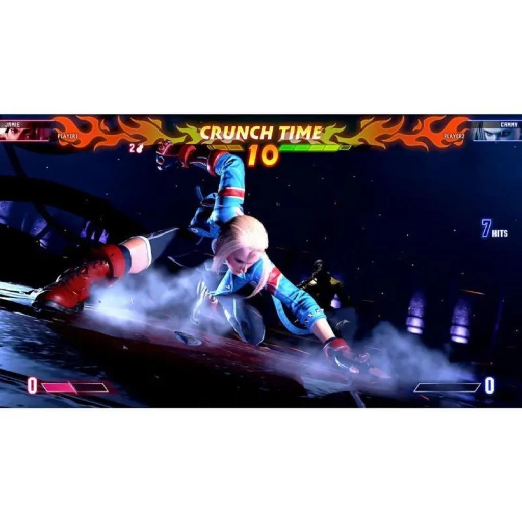 Pantalla de juego Street Fighter 6: personaje rubio en pose de deslizamiento, efectos de humo y chispas, marcador CRUNCH TIME 10 y barras de vida en combate