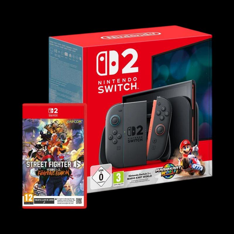 Consola Nintendo Switch 2 negra con Joy-Con gris y rojo, caja con arte de Mario Kart World; incluye juego Street Fighter 6 Years 1-2 Fighters Edition