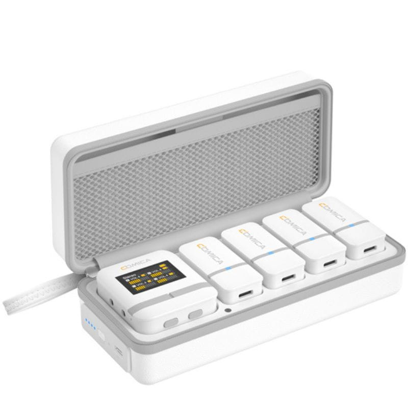 COMICA Vimo Q Microphone Lavalier sans fil à 4 canaux avec suppression du bruit - Blanc, image à l'intérieur de l'étui  