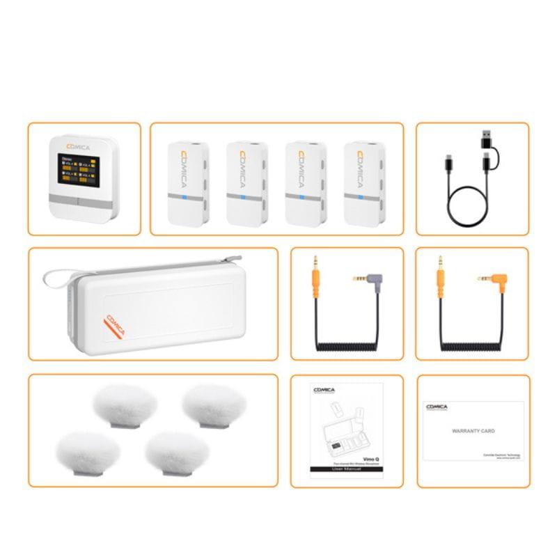 COMICA Vimo Q Microphone Lavalier sans fil à 4 canaux avec suppression du bruit - Blanc, contenu de l'emballage