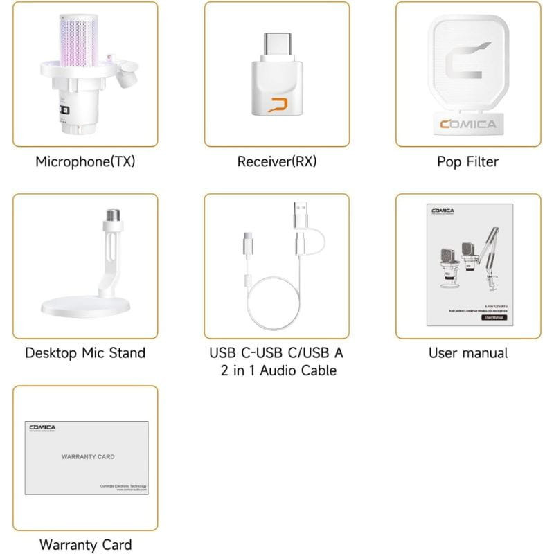 COMICA EJoy Uni Pro(D) Micrófono Inalámbrico de Condensador Cardioide RGB Blanco, contenido del paquete