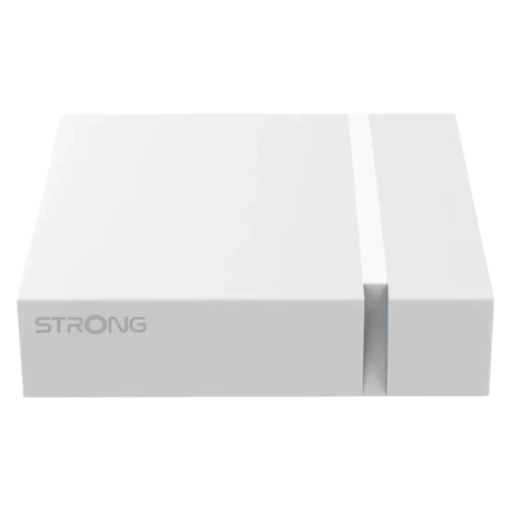 Caja TV blanca compacta Strong Leap-S3+ V2 con diseño minimalista, logo STRONG frontal y ranura luminosa vertical; acabado mate y bordes rectos