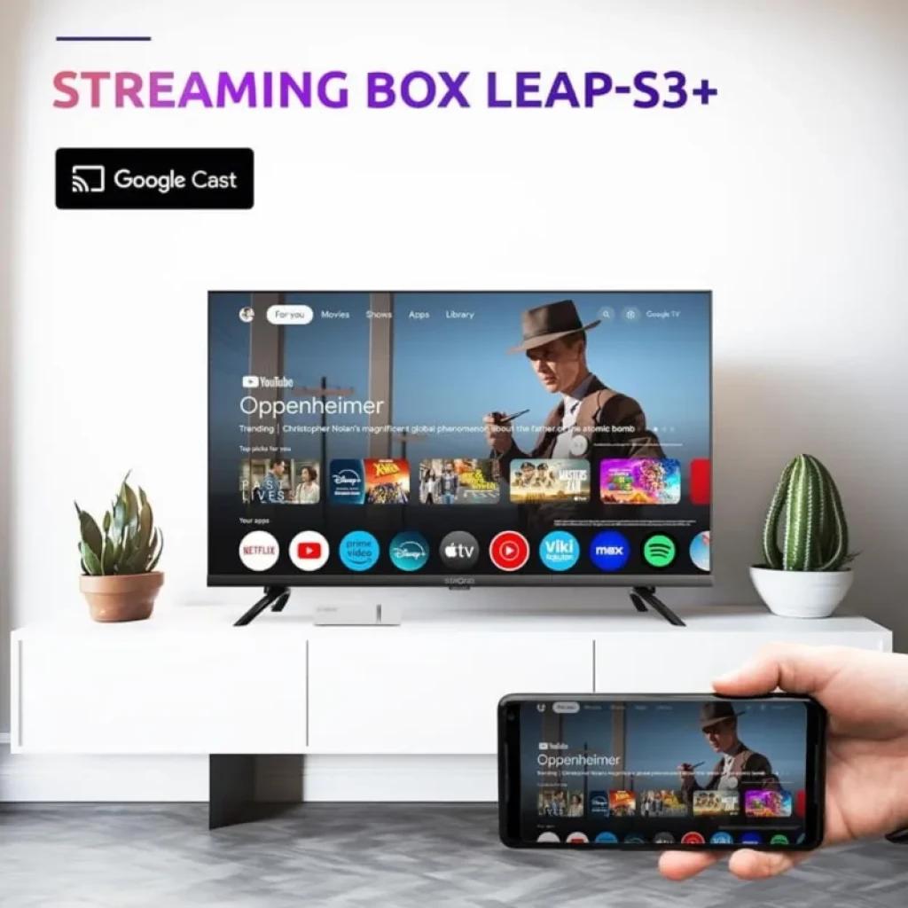 Strong Leap-S3+ V2 Android TV 2GB/16GB con Google Cast, interfaz Android 11 en TV 4K y duplicación desde smartphone, diseño minimalista en sala moderna
