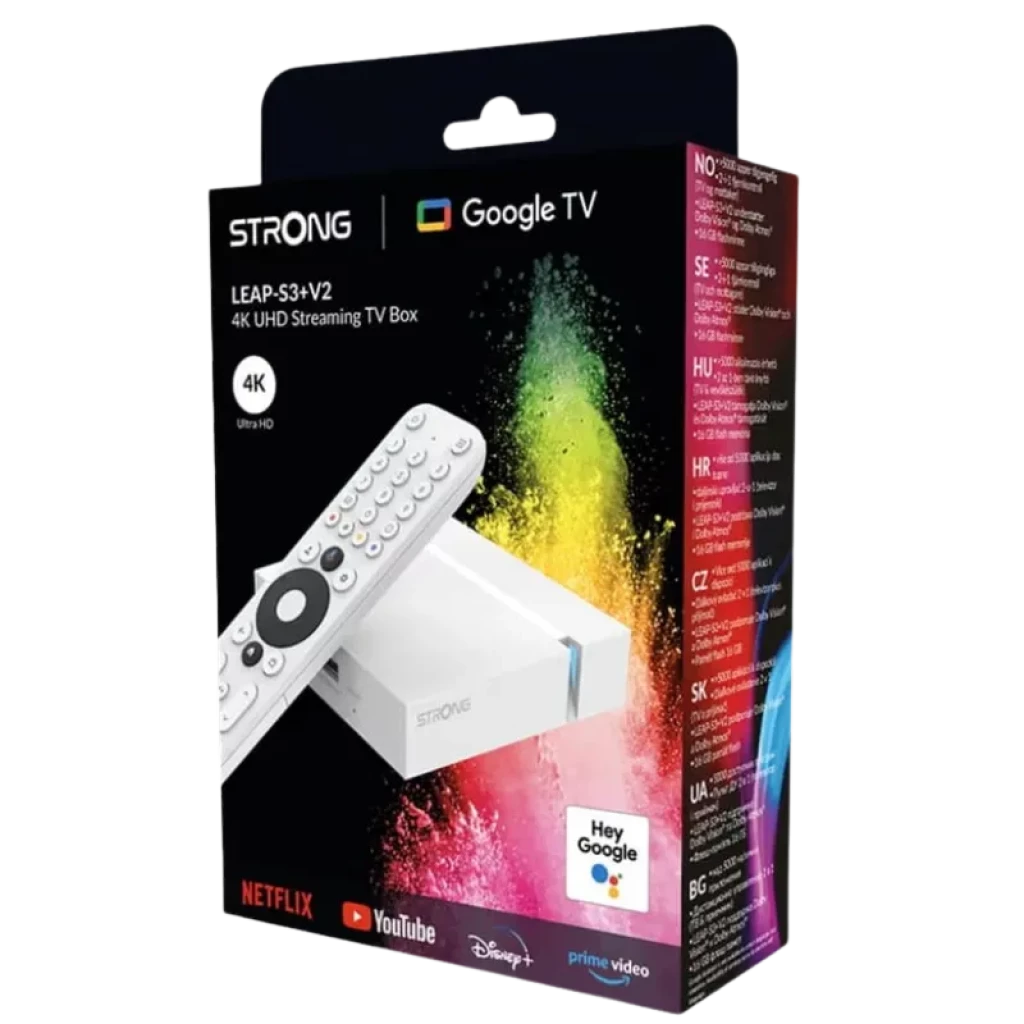 Caja del Strong Leap-S3+ V2 Android TV con control remoto blanco, soporte 4K UHD, logos de Google TV, Hey Google, Netflix, YouTube, Disney+ y Prime Video