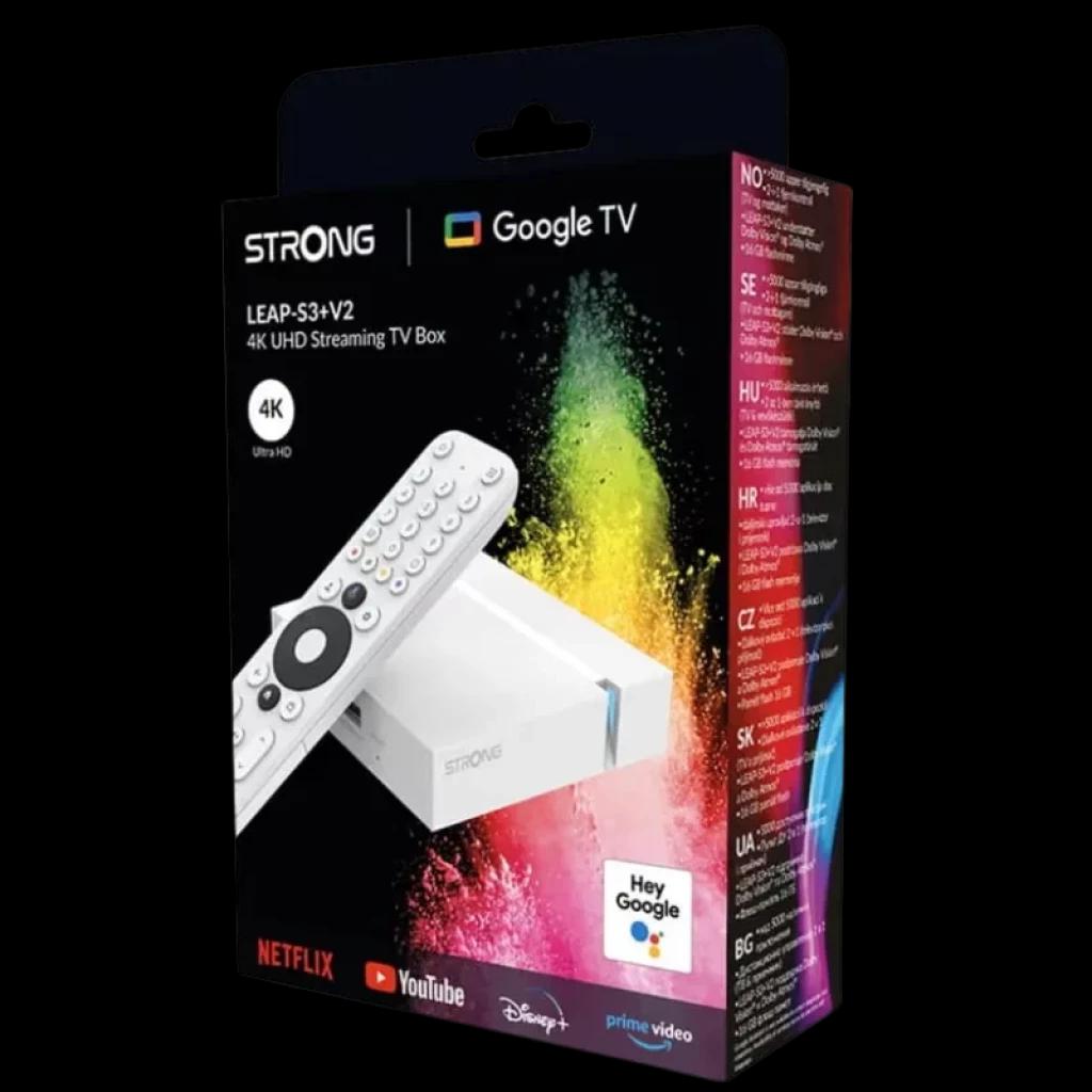 Caja del Strong Leap-S3+ V2 Android TV con control remoto blanco, soporte 4K UHD, logos de Google TV, Hey Google, Netflix, YouTube, Disney+ y Prime Video