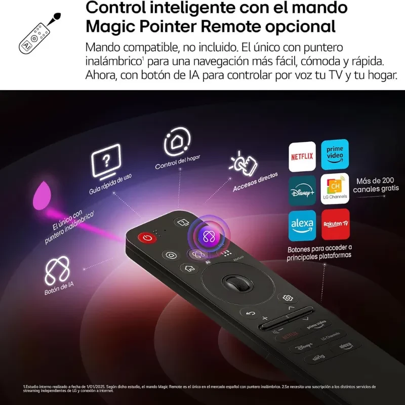 Mando Magic Pointer Remote opcional de LG con puntero, botón de IA, micrófono, accesos directos a apps y control por voz para TV y hogar