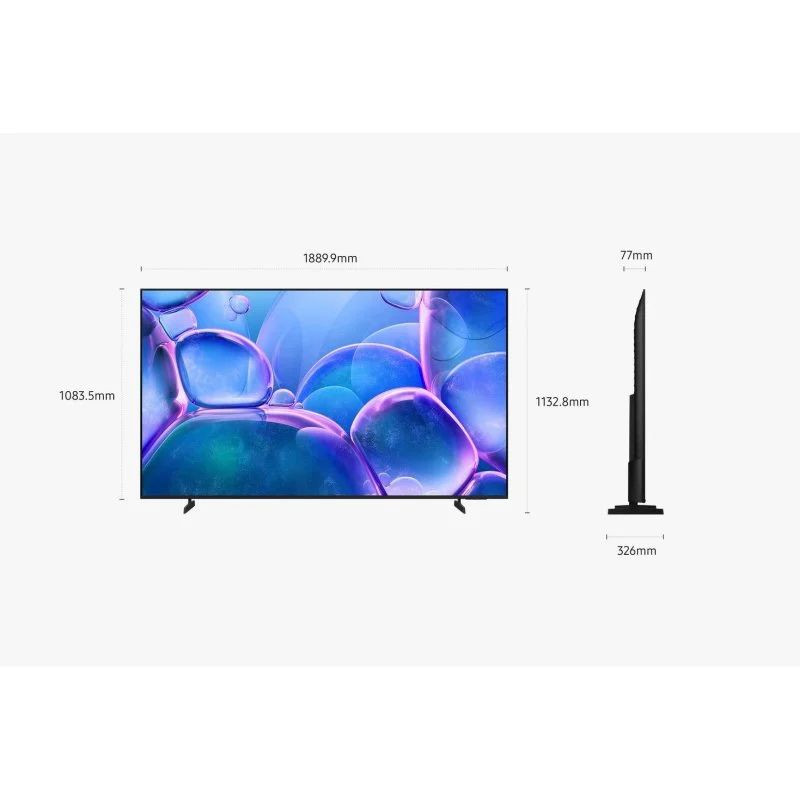 Samsung TU85U7025FK 85" 4K Ultra HD LED Smart TV Preto, medidas em mm, vista frontal e lateral