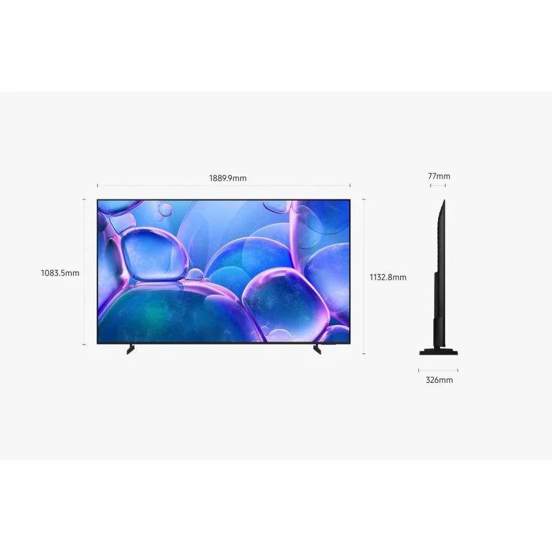 Samsung TU85U7025FK 85" 4K Ultra HD LED Smart TV Preto, medidas em mm, vista frontal e lateral
