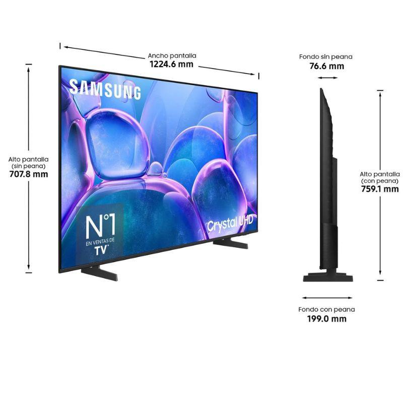 Samsung TU55U7025FK 55" 4K Ultra HD LED Smart TV Preto, medidas da TV em cm, vista frontal e lateral