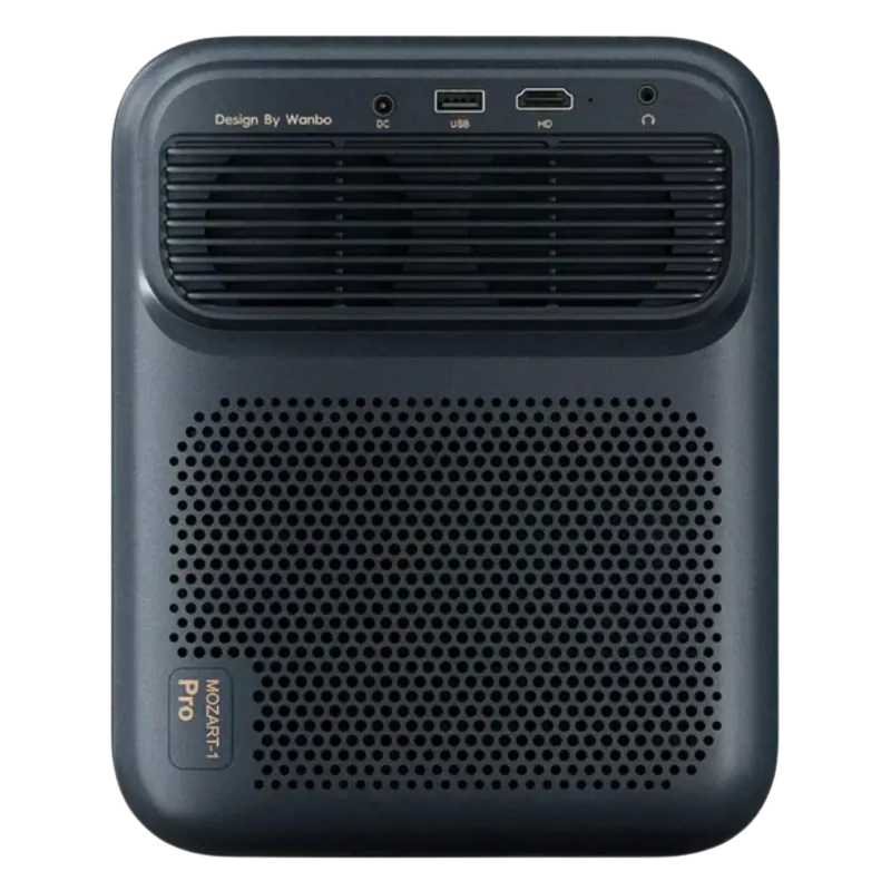 Projecteur Wanbo 2025 Mozart 1 Pro New Full HD, boîtier bleu foncé compact, large grille de ventilation, ports DC USB HD en façade supérieure